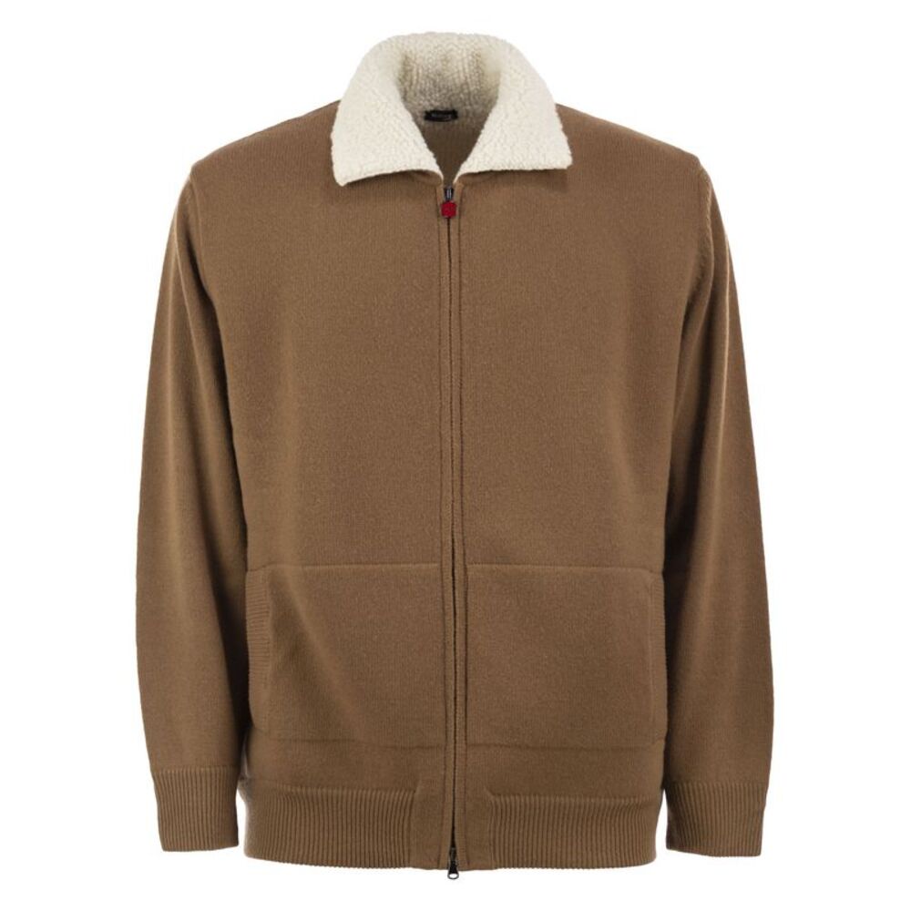 Kiton Men Wool And Cashmere Cardigan With Shearling-Effect Collar